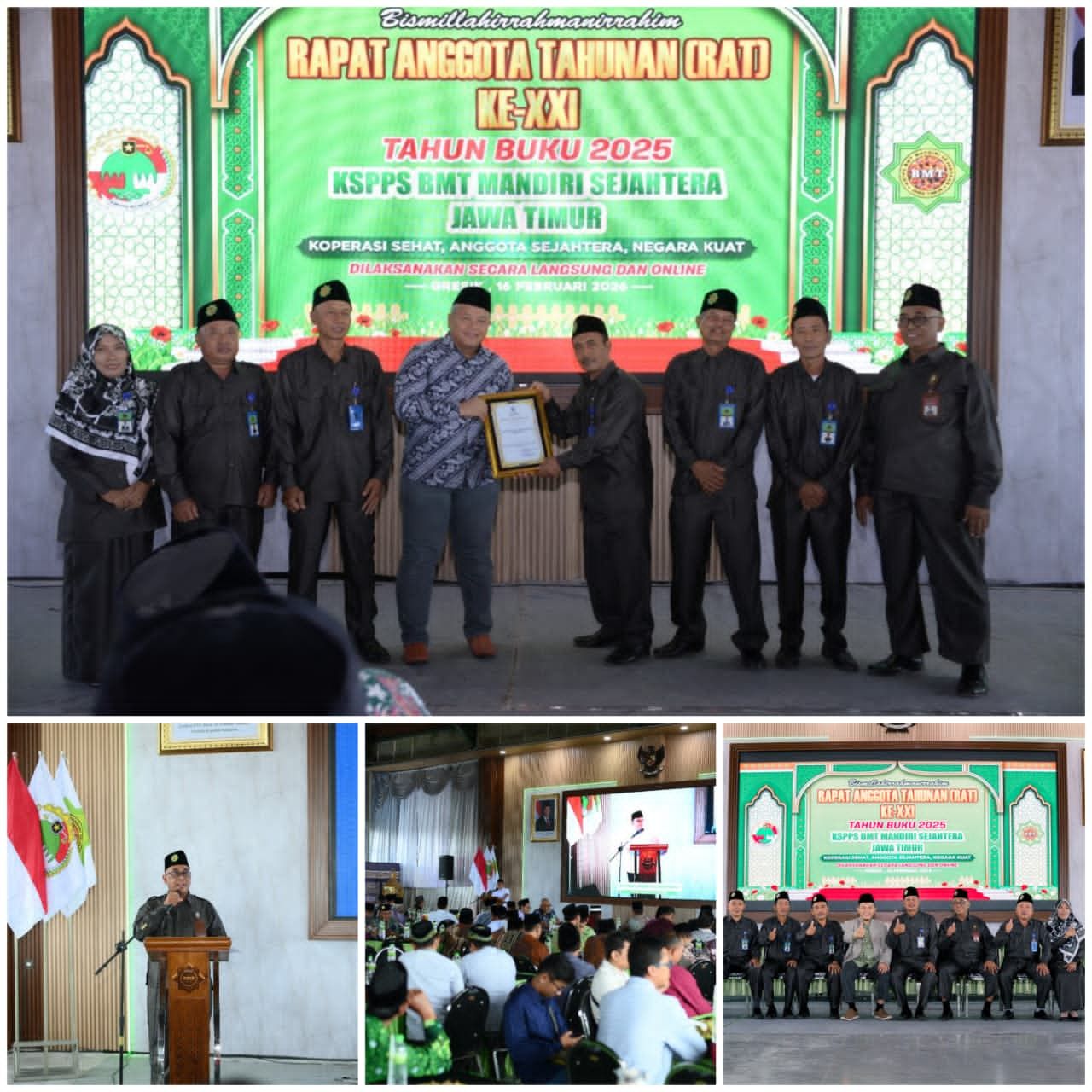 Pelaksanaan Rapat Anggota Tahunan (RAT) Ke-XXI Tahun Buku 2025 KSPPS BMT Mandiri Sejahtera Jawa Timur di Gedung ZISWAF KSPPS BMT Mandiri Sejahtera Jawa Timur. Senin, 16 Pebruari 2026