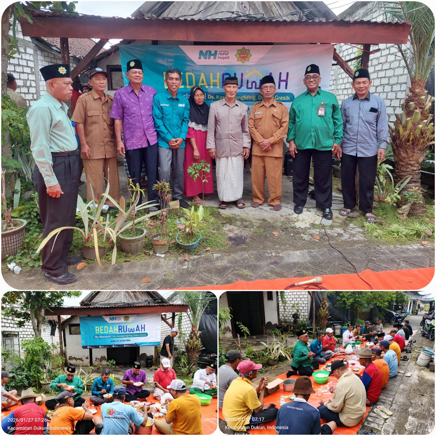 Tasyakuran dalam rangka memulai Pengerjaan PROGRAM BEDAH RUMAH Tidak Layak Huni (Ibu Siti Maslakhah) Desa Karangcangkring Dukun Gresik kerjasama antara KSPPS BMT Mandiri Sejahtera Jawa Timur dengan Nurul Hayat Cabang Gresik