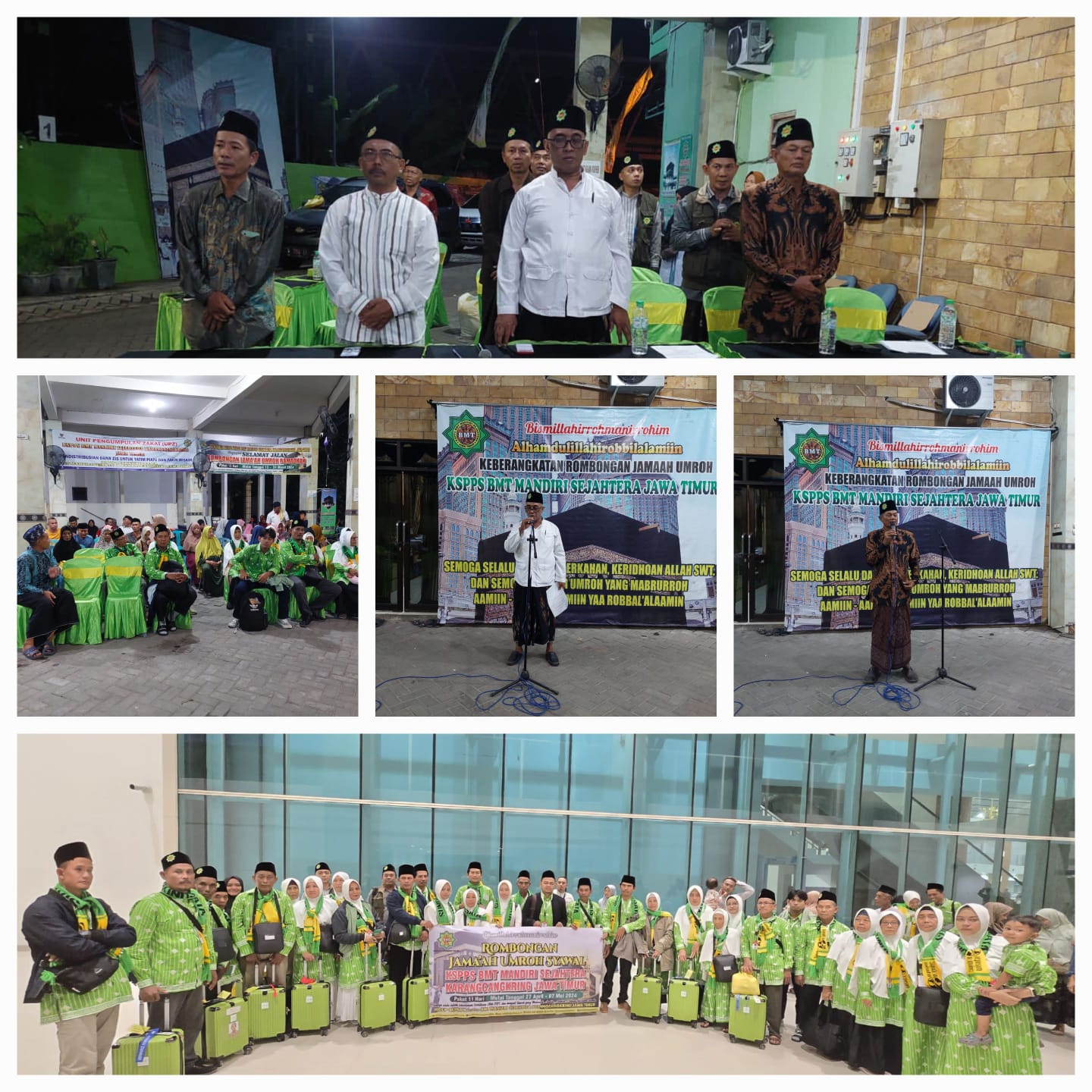 Prosesi Pemberangkatan Jamaah Umroh Syawal Paket 11 Hari KSPPS BMT Mandiri Sejahtera Jawa Timur (27 April-7 Mei 2024) di Halaman Kantor Pusat KSPPS BMT Mandiri Sejahtera Jawa Timur dan di Bandara Juanda Surabaya