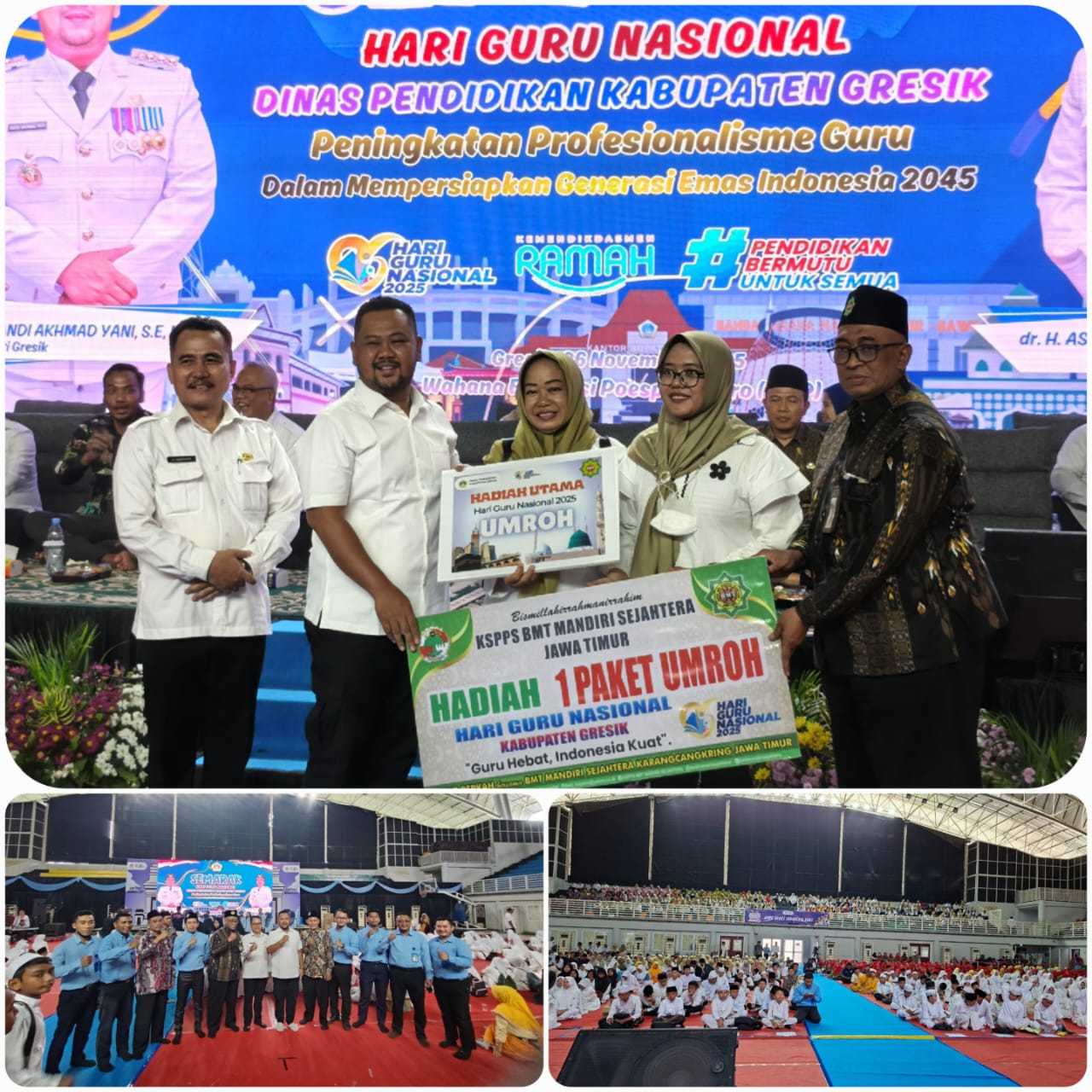 General Manager (Bpk.H.M.Ayubi Chozin) KSPPS BMT Mandiri Sejahtera Karangcangkring Jawa Timur menyerahkan Hadiah Utama 1 Paket Umroh 12 Hari dari KSPPS BMT Mandiri Sejahtera Karangcangkring Jawa Timur  kepada pemenang undian dalam acara Semarak Hari Guru 