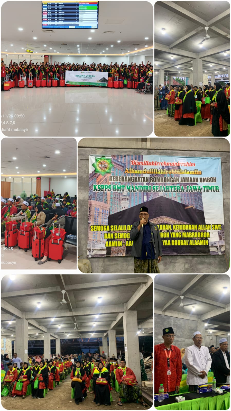 Prosesi Pemberangkatan 116 Jamaah Umroh KSPPS BMT Mandiri Sejahtera Jawa Timur Paket 12 Hari (29 Nopember - 10 Desember 2025) di Halaman Kantor Pusat KSPPS BMT Mandiri Sejahtera Jawa Timur dan Bandara Juanda Surabaya.